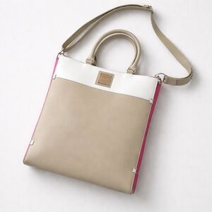 Miche Beige and White Shoulder Bag with Pink Accents